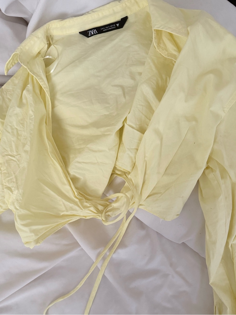 Zara Light Yellow Tie-Front Cropped Blouse